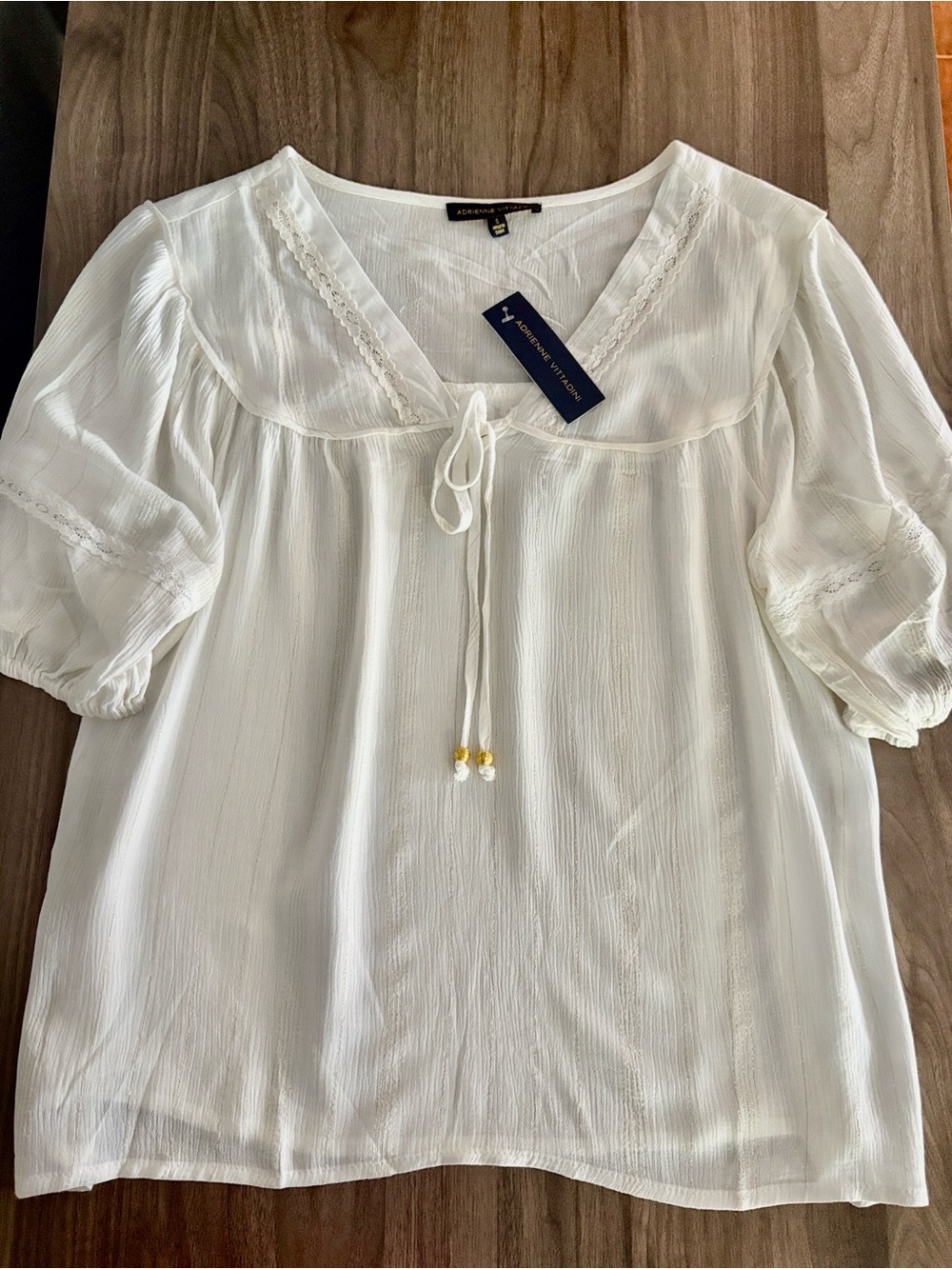Cream - Gold Detail Tie-Front V-Neck Peasant Top